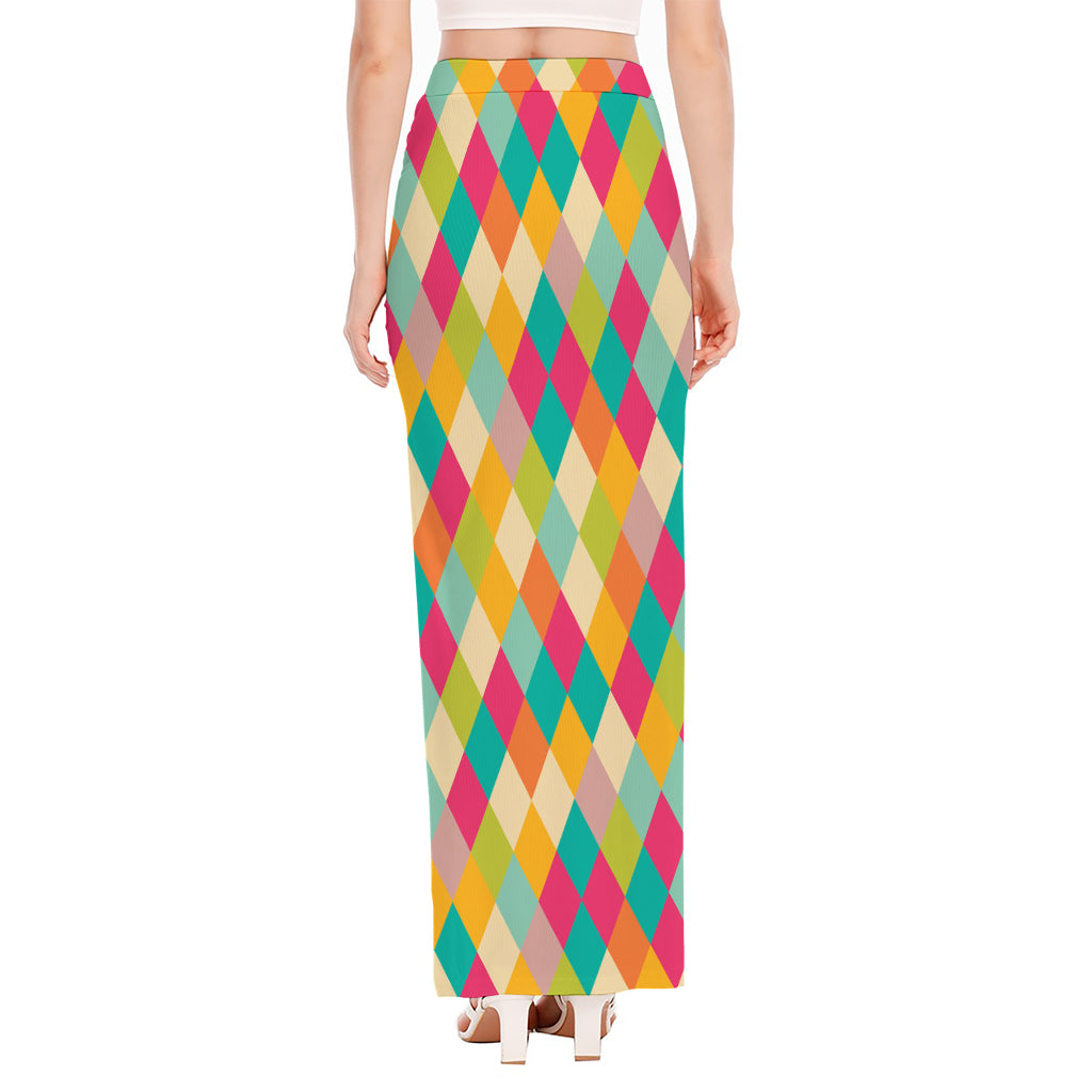 Retro Harlequin Pattern Print High Slit Maxi Skirt