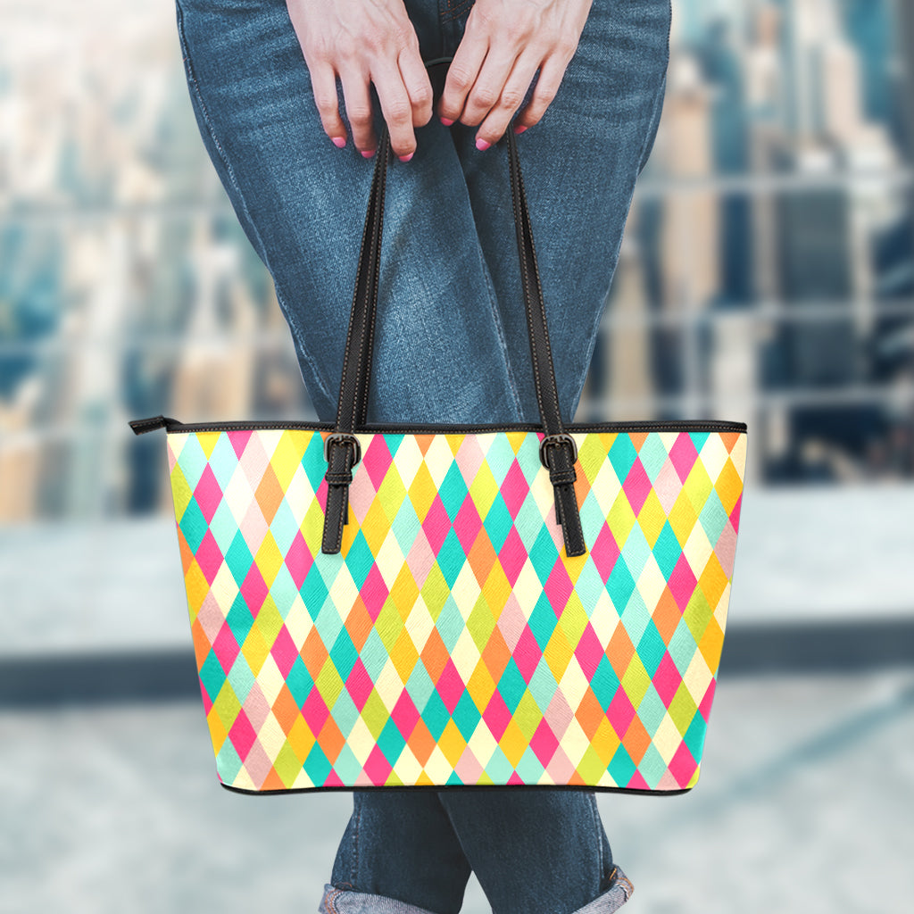 Retro Harlequin Pattern Print Leather Tote Bag