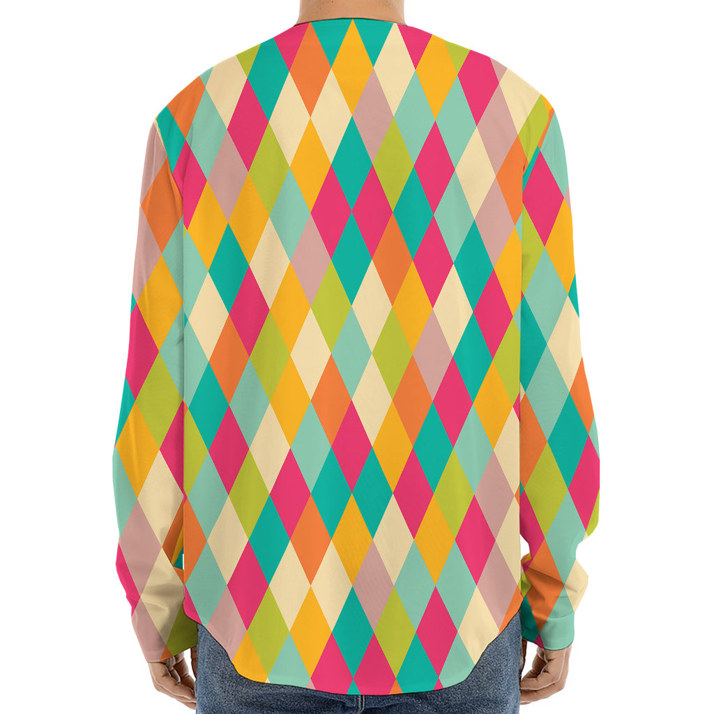 Retro Harlequin Pattern Print Long Sleeve Baseball Jersey