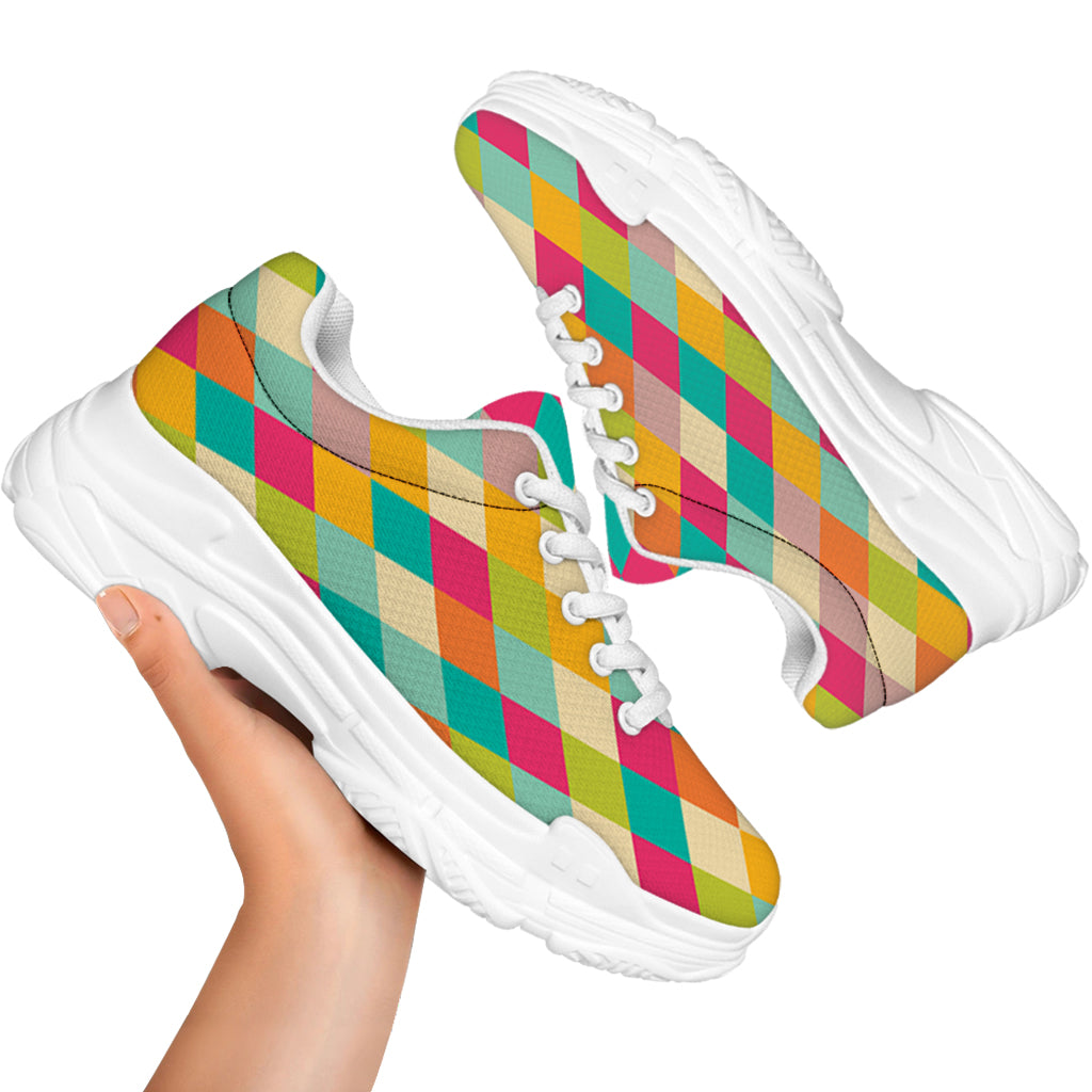 Retro Harlequin Pattern Print White Chunky Shoes