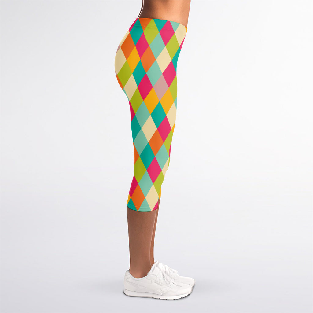 Retro Harlequin Pattern Print Women's Capri Leggings