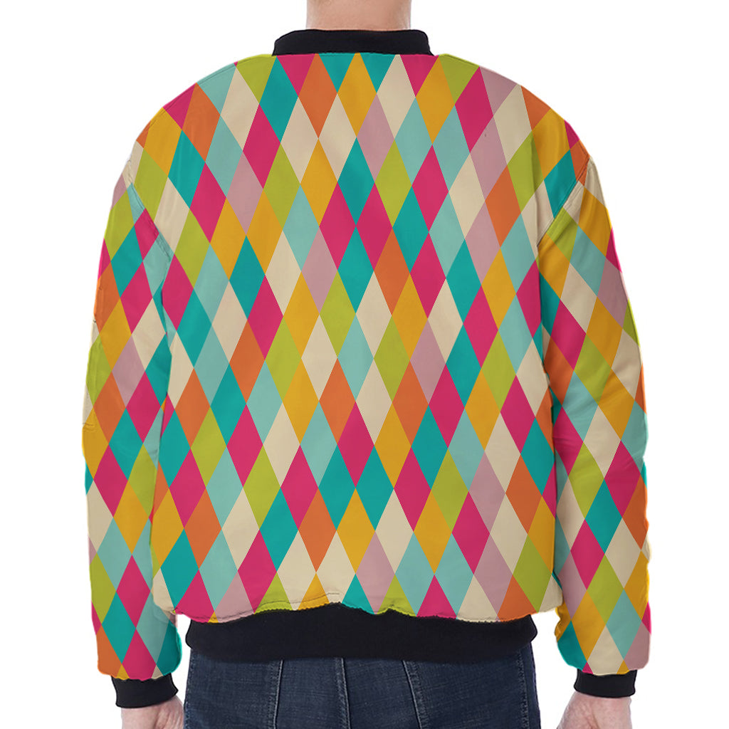 Retro Harlequin Pattern Print Zip Sleeve Bomber Jacket
