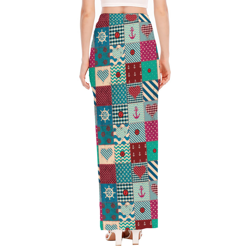 Retro Nautical Patchwork Pattern Print High Slit Maxi Skirt
