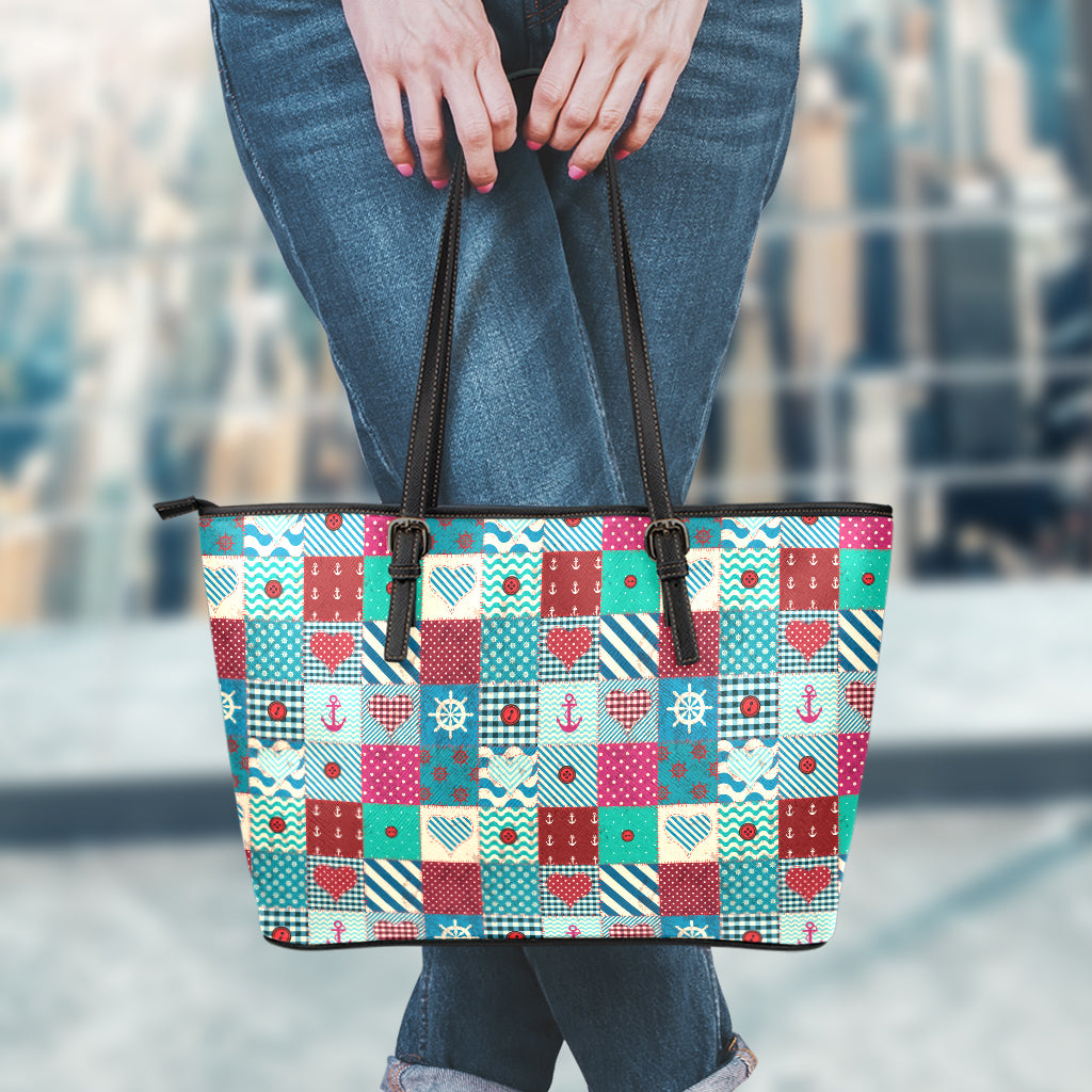 Retro Nautical Patchwork Pattern Print Leather Tote Bag
