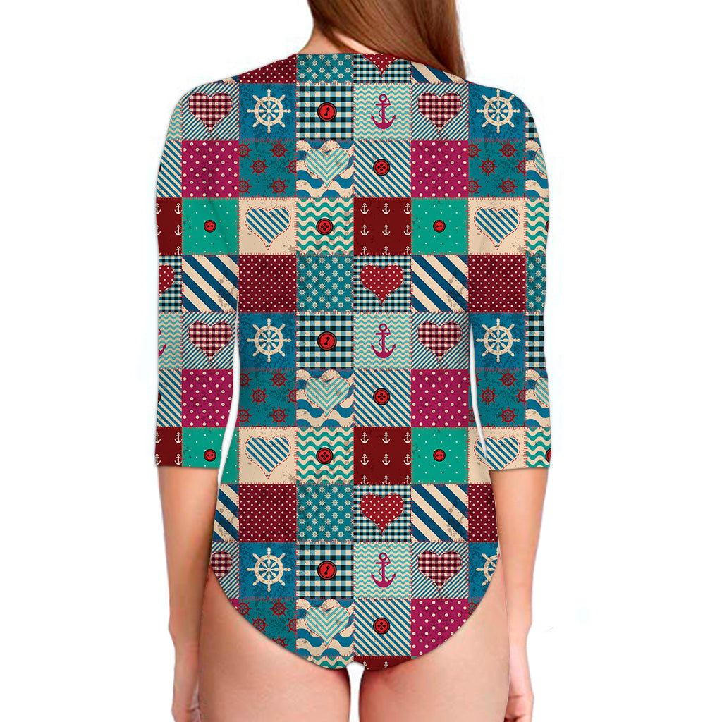 Retro Nautical Patchwork Pattern Print Long Sleeve Swimsuit