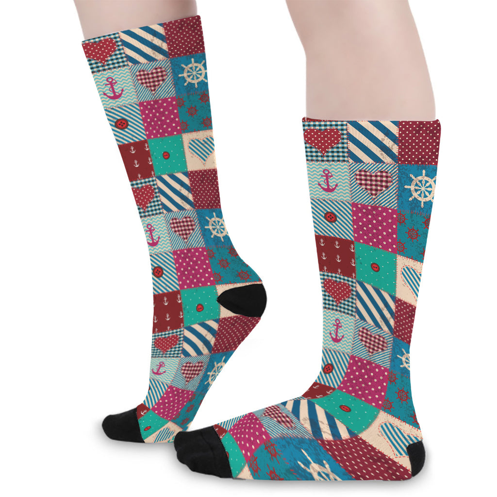 Retro Nautical Patchwork Pattern Print Long Socks