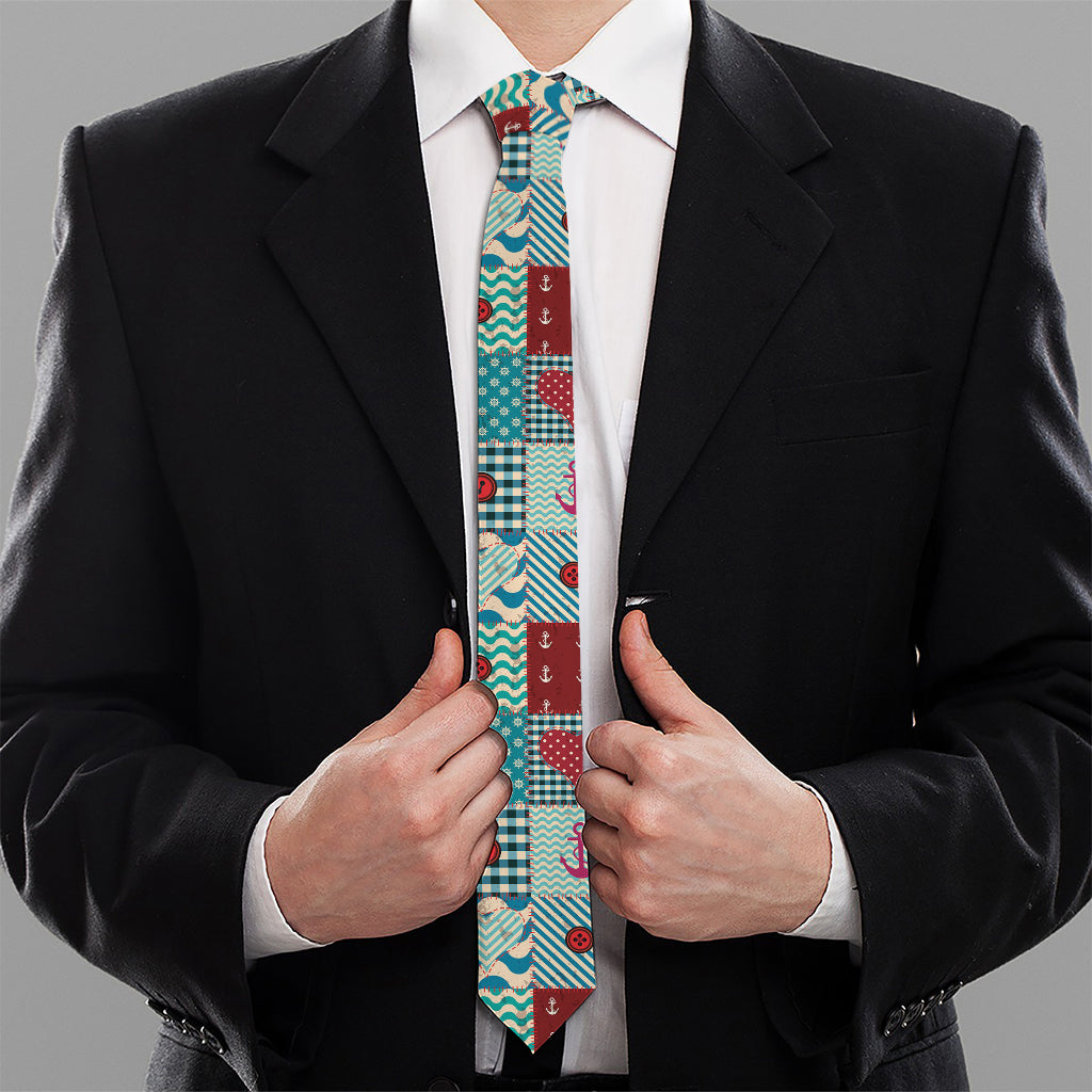 Retro Nautical Patchwork Pattern Print Necktie