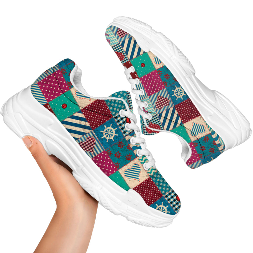 Retro Nautical Patchwork Pattern Print White Chunky Shoes