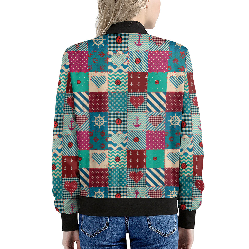 Retro Nautical Patchwork Pattern Print Women's Bomber Jacket