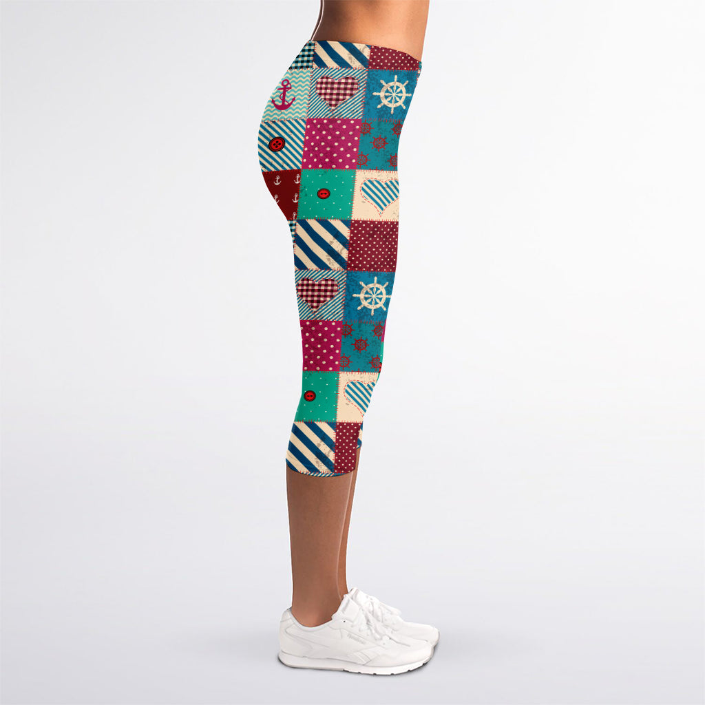 Retro Nautical Patchwork Pattern Print Women's Capri Leggings