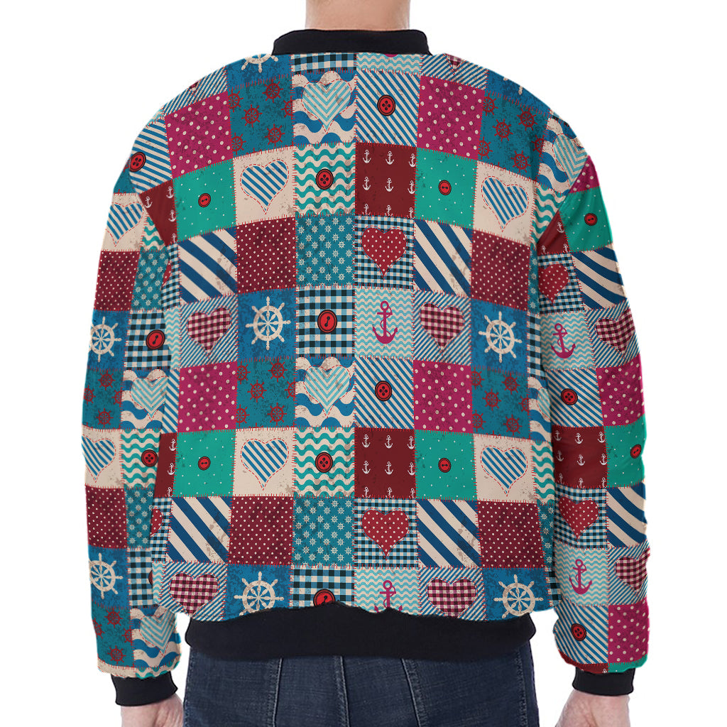 Retro Nautical Patchwork Pattern Print Zip Sleeve Bomber Jacket