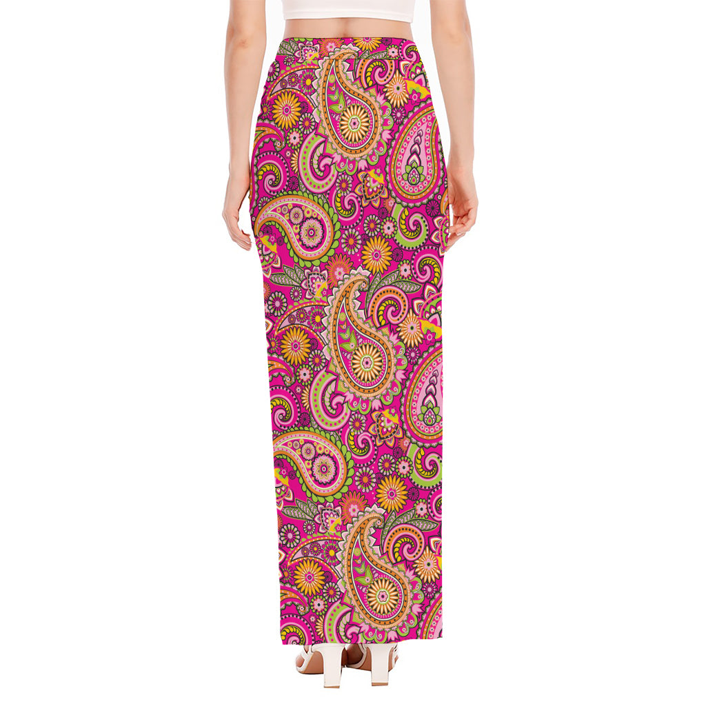 Retro Paisley Pattern Print High Slit Maxi Skirt