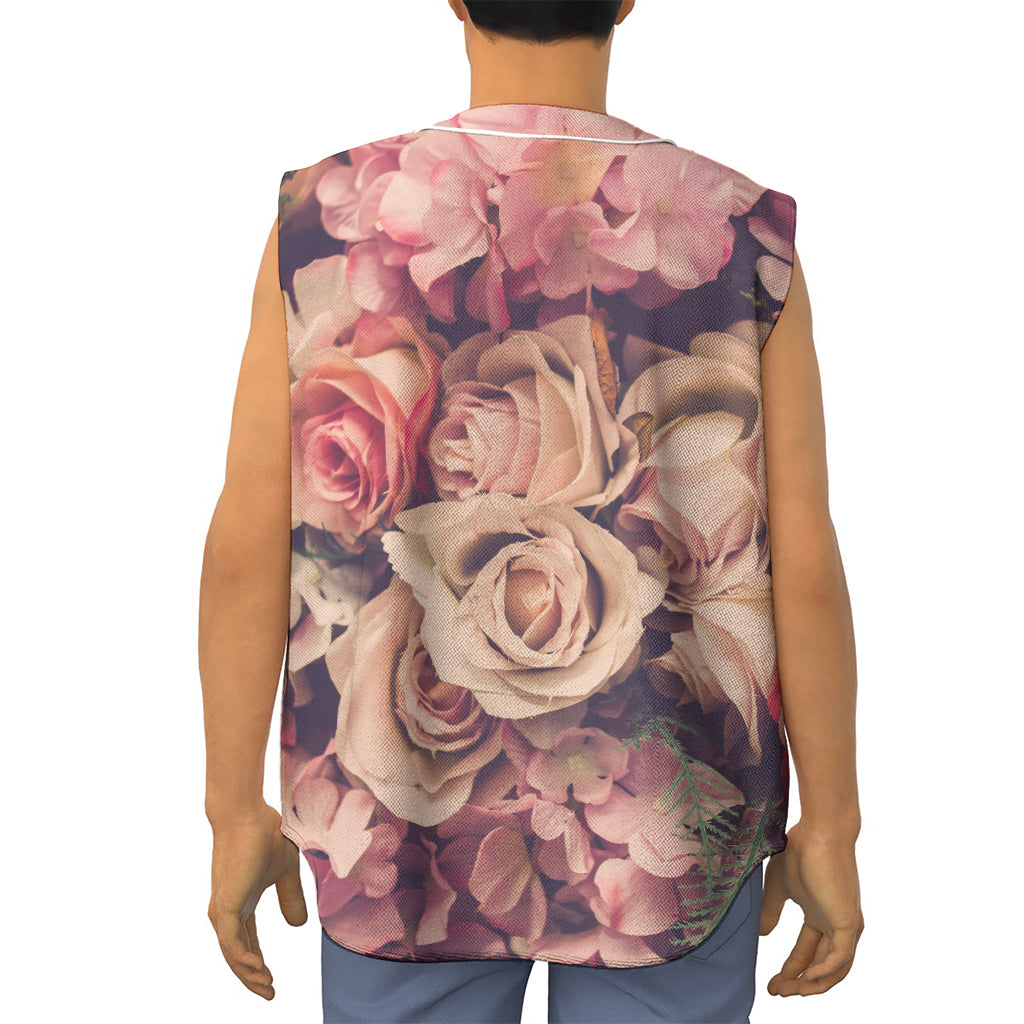 Retro Pink Roses Floral Print Sleeveless Baseball Jersey