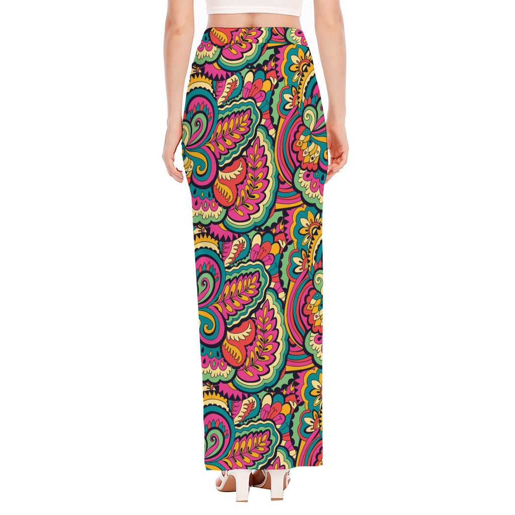 Retro Psychedelic Hippie Pattern Print High Slit Maxi Skirt