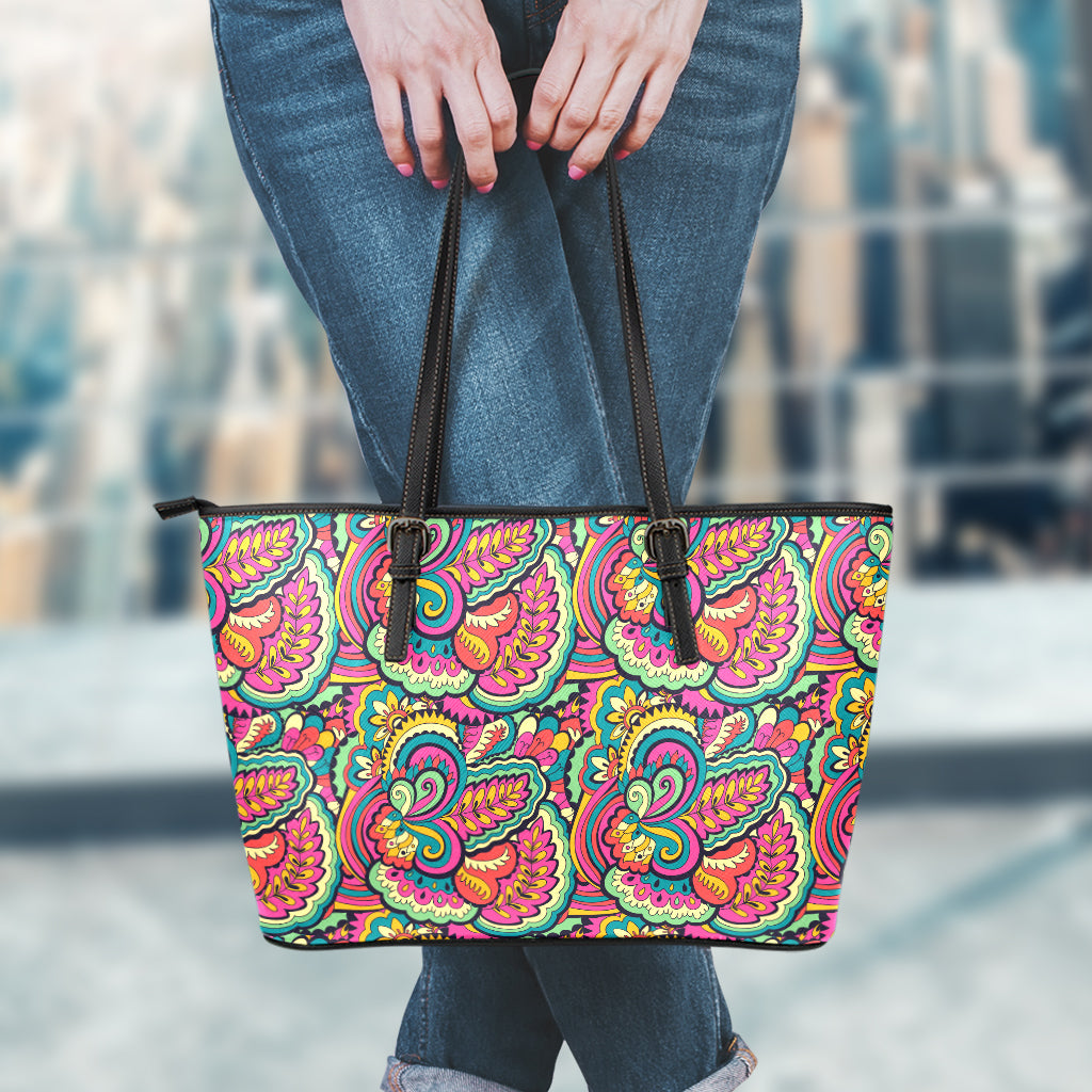 Retro Psychedelic Hippie Pattern Print Leather Tote Bag