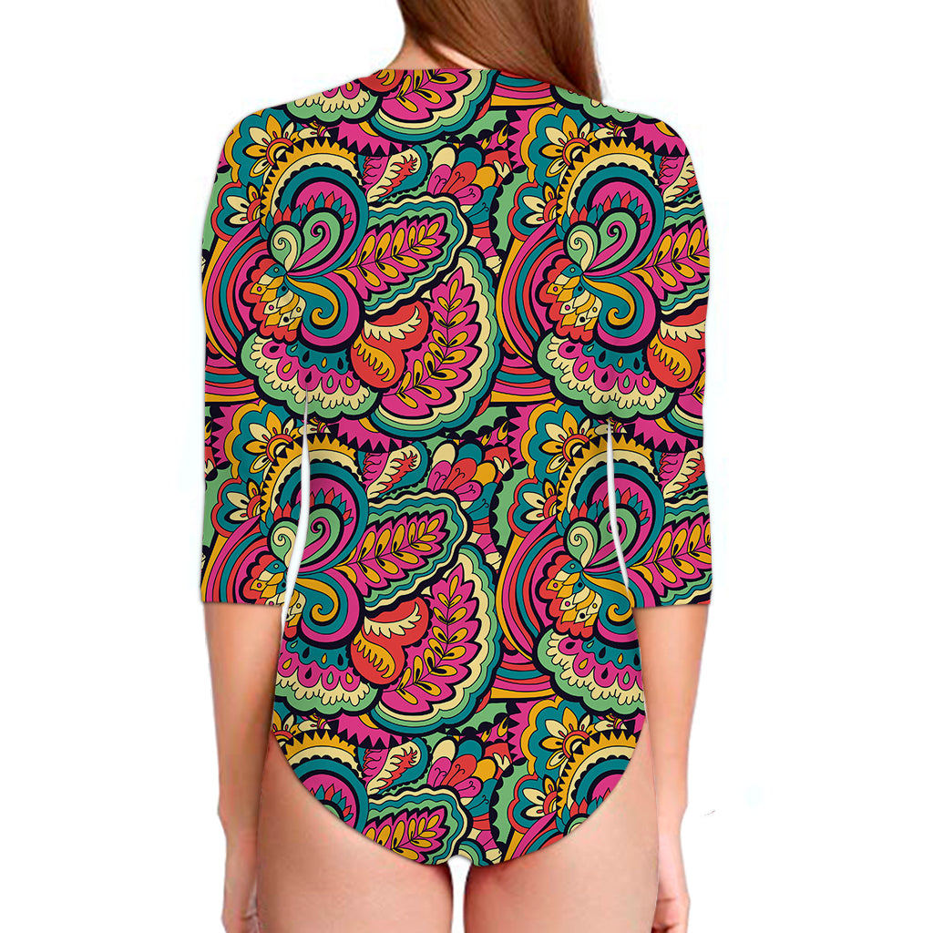 Retro Psychedelic Hippie Pattern Print Long Sleeve Swimsuit