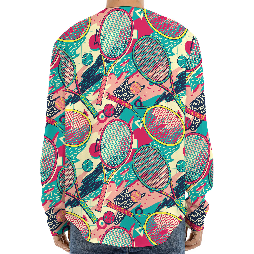 Retro Tennis Pattern Print Long Sleeve Baseball Jersey