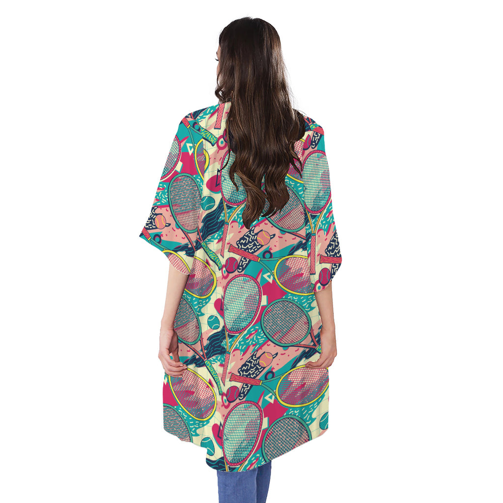 Retro Tennis Pattern Print Open Front Beach Cover Up