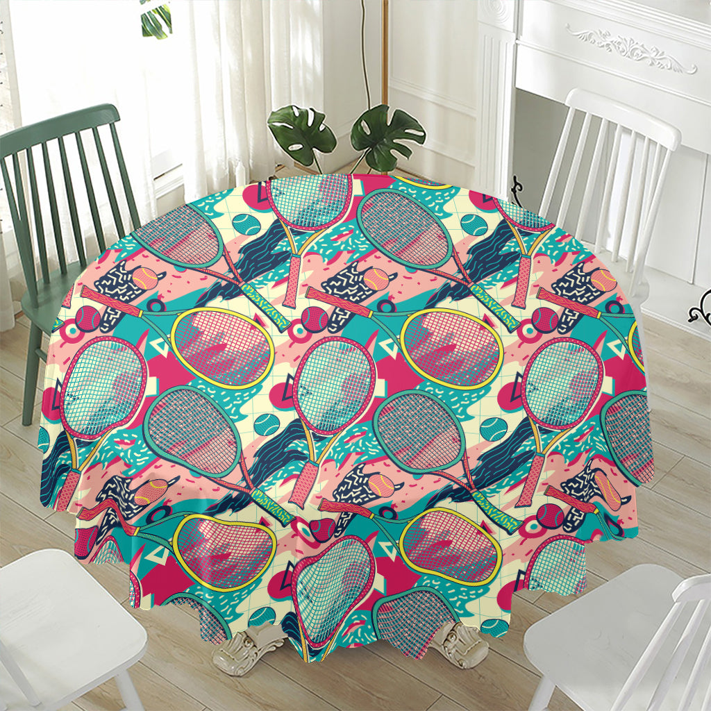 Retro Tennis Pattern Print Waterproof Round Tablecloth