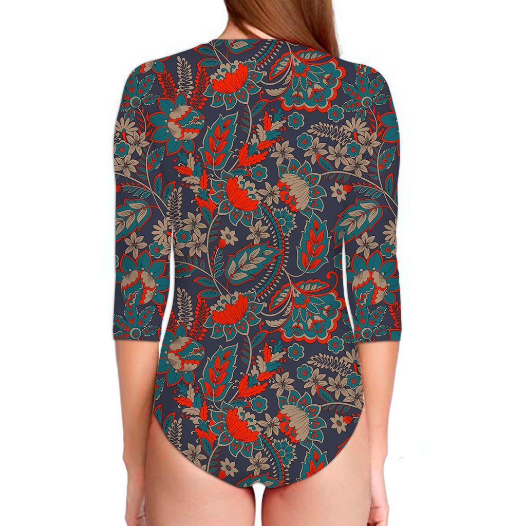 Retro Vintage Bohemian Floral Print Long Sleeve Swimsuit