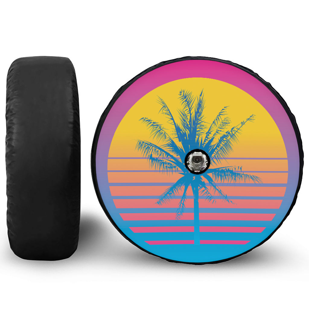 Retrowave Sunset Palm Tree Print Tire Cover With Camera Hole