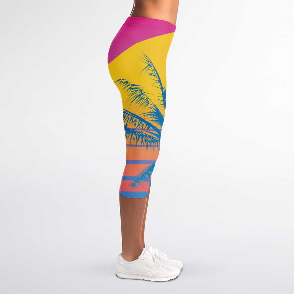 Retrowave Sunset Palm Tree Print Women's Capri Leggings