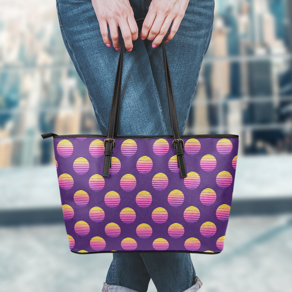 Retrowave Sunset Pattern Print Leather Tote Bag