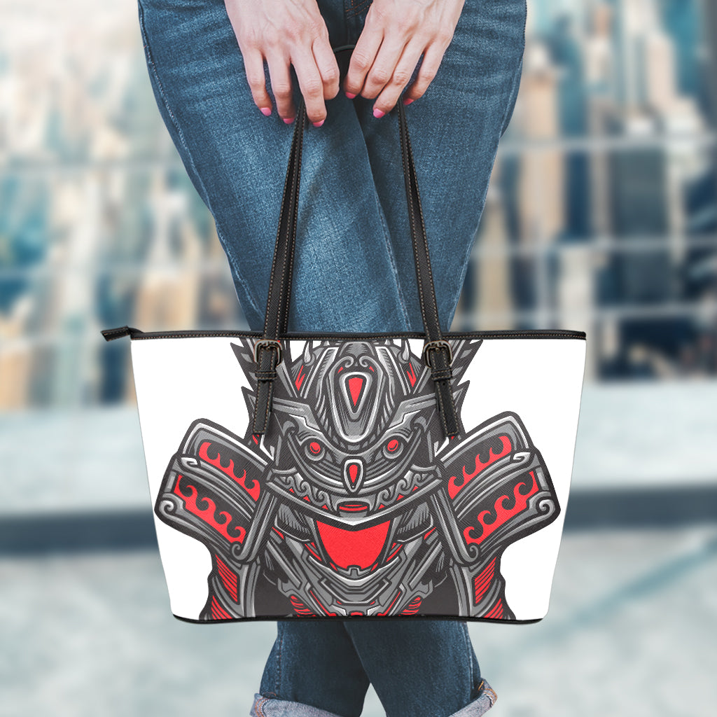 Robot Samurai Mask Print Leather Tote Bag