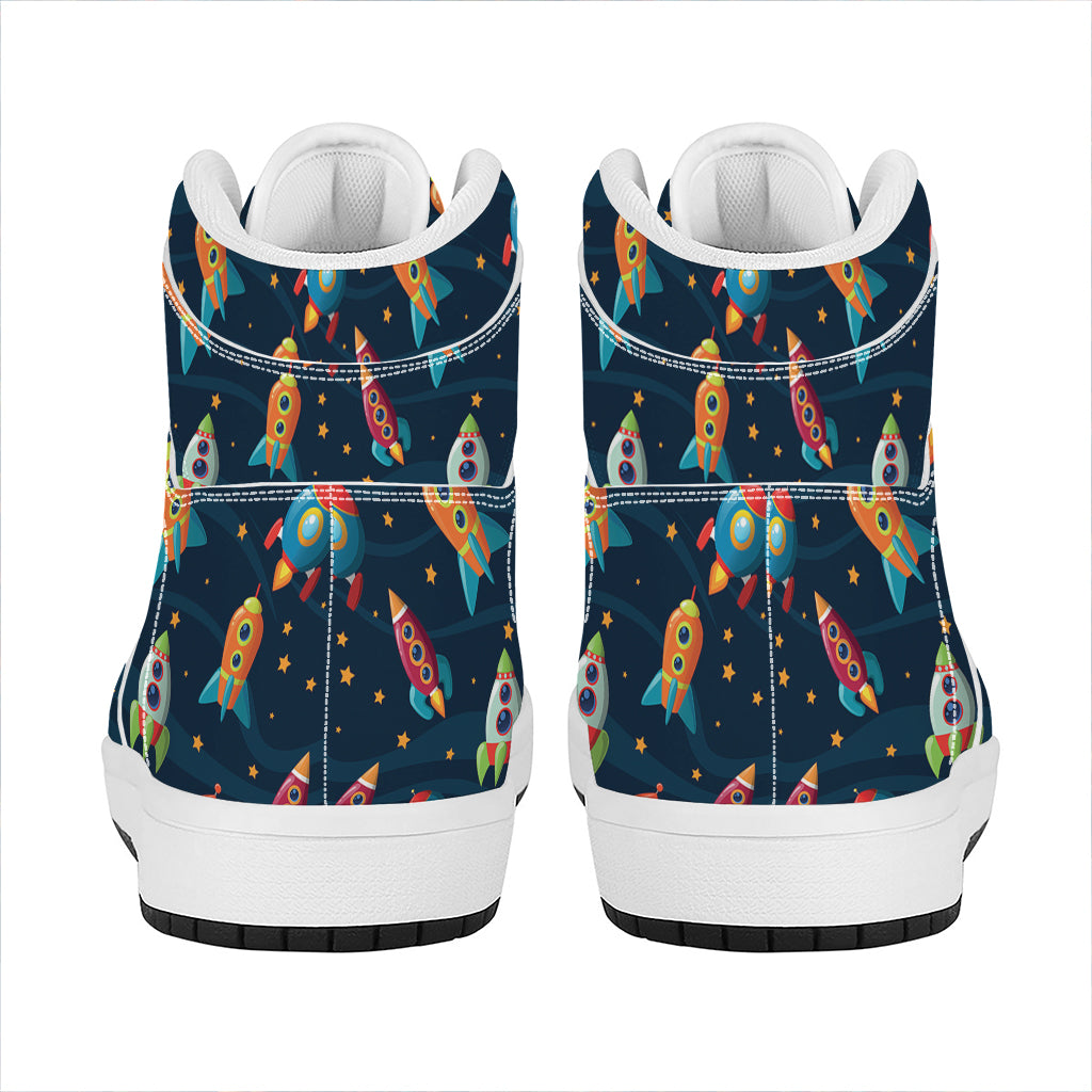 Rockets And Stars Pattern Print High Top Leather Sneakers