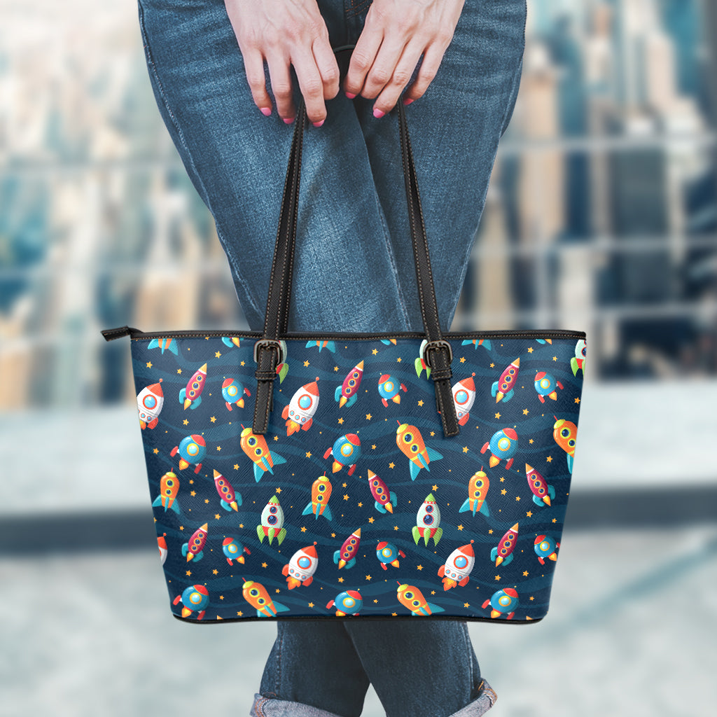 Rockets And Stars Pattern Print Leather Tote Bag