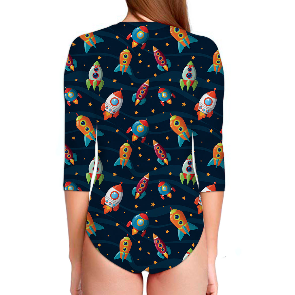 Rockets And Stars Pattern Print Long Sleeve Swimsuit