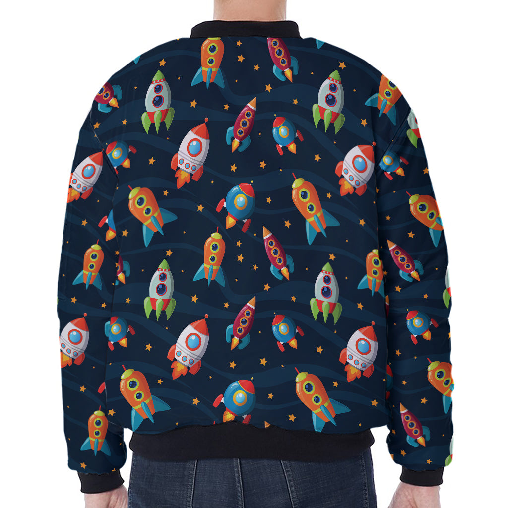 Rockets And Stars Pattern Print Zip Sleeve Bomber Jacket