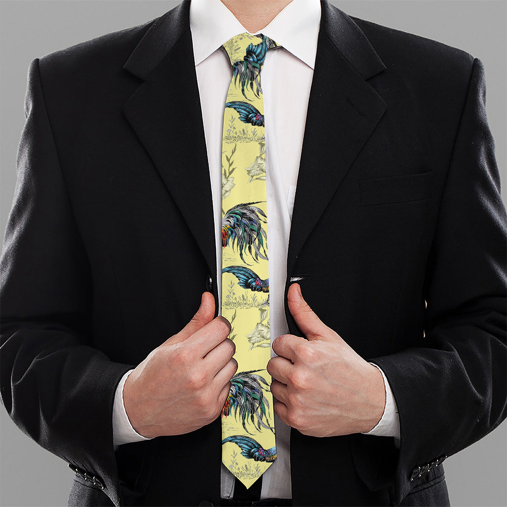 Rooster And Flower Pattern Print Necktie
