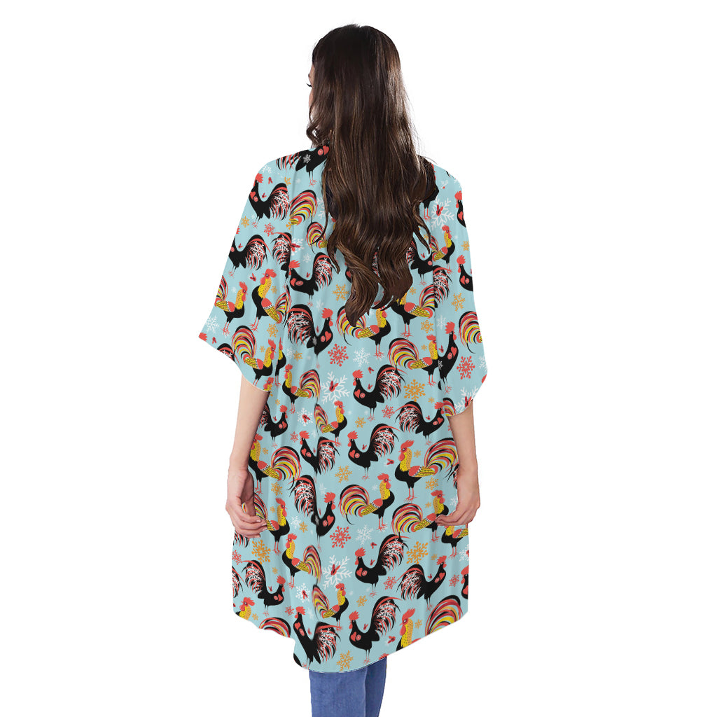 Rooster And Snowflake Pattern Print Open Front Beach Cover Up