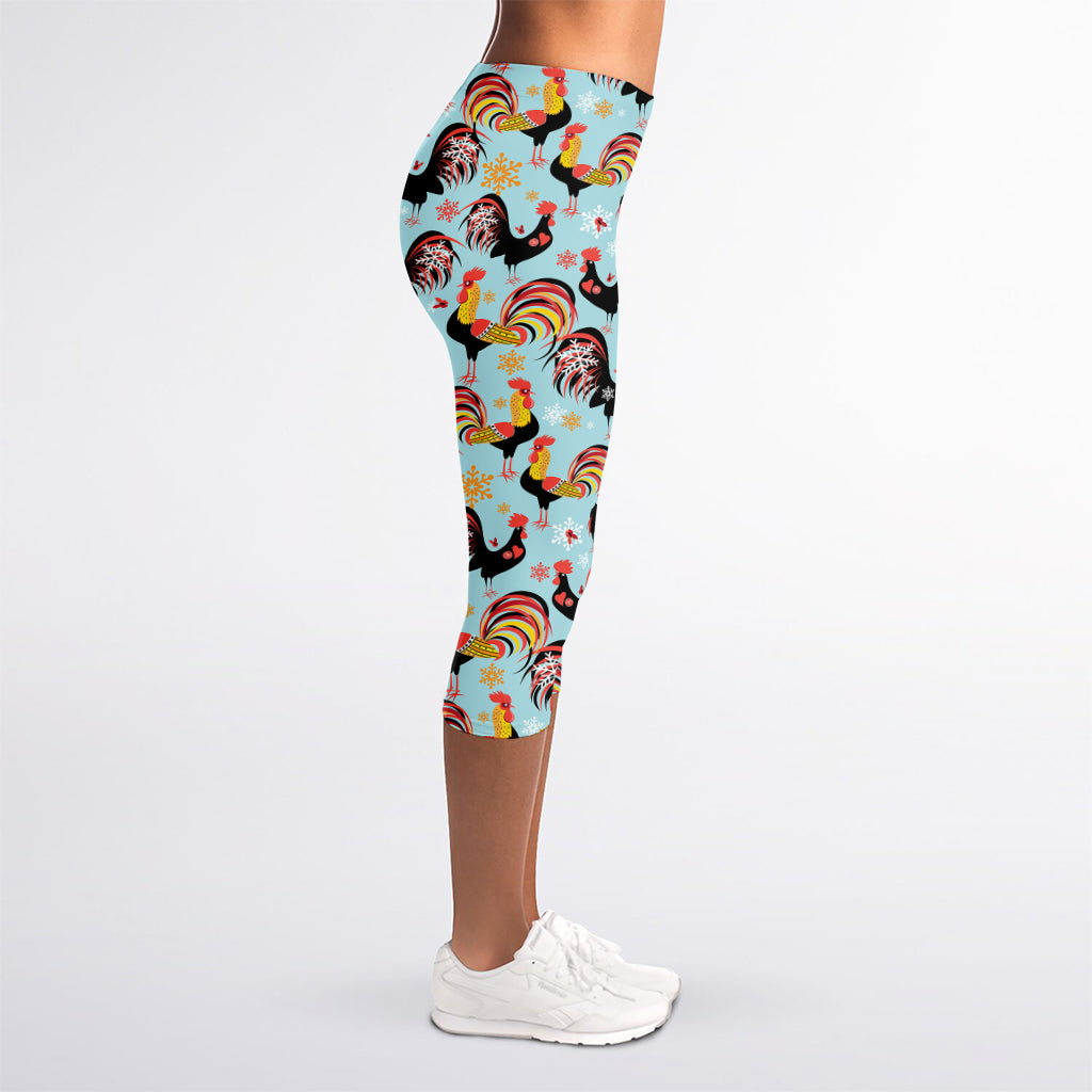 Rooster And Snowflake Pattern Print Women's Capri Leggings