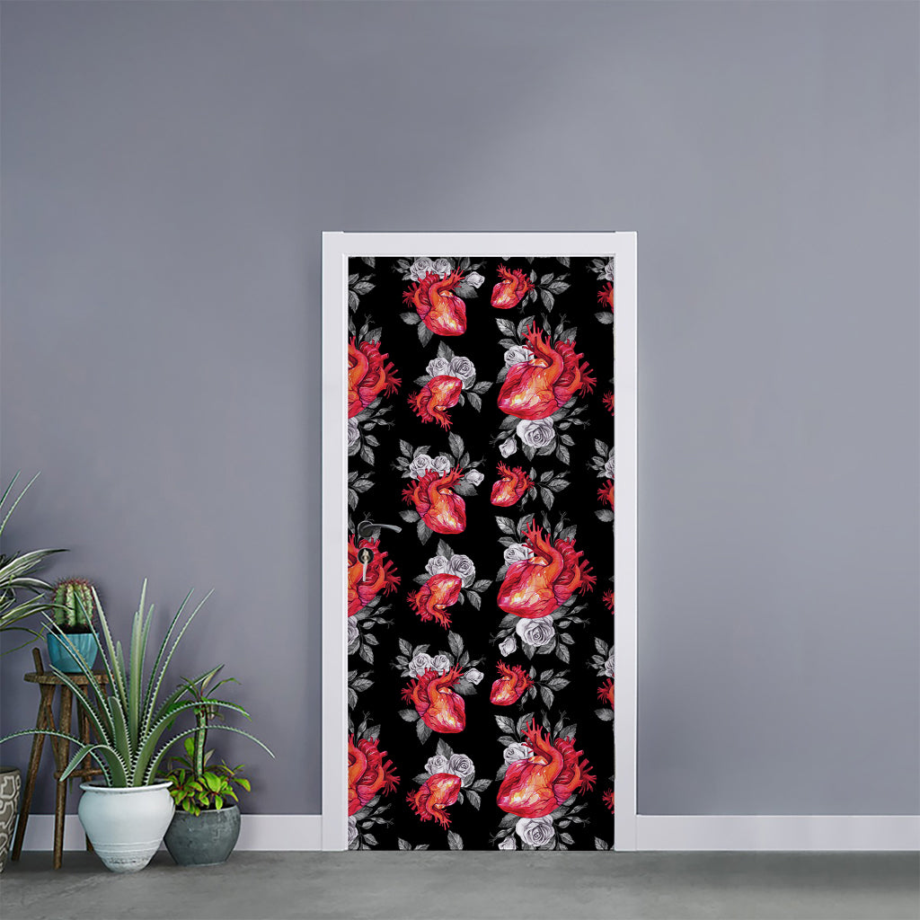 Rose And Heart Pattern Print Door Sticker