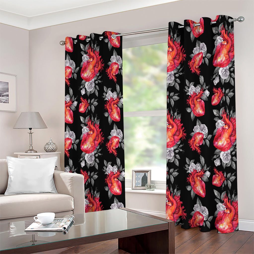 Rose And Heart Pattern Print Extra Wide Grommet Curtains
