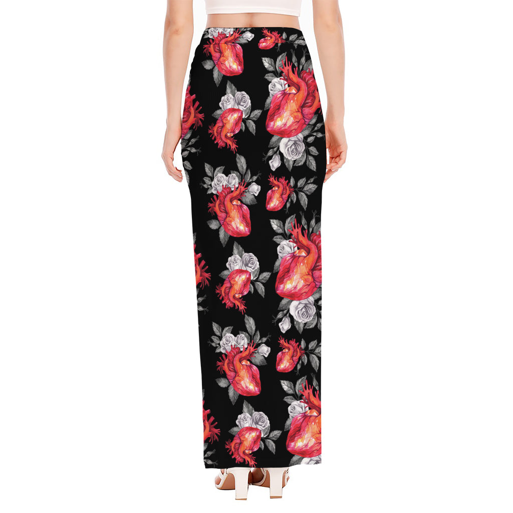 Rose And Heart Pattern Print High Slit Maxi Skirt