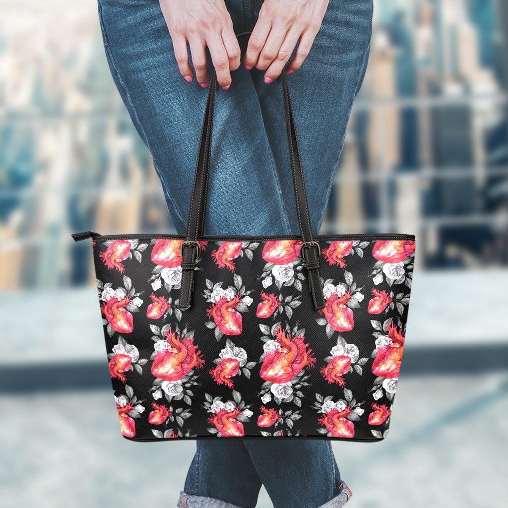 Rose And Heart Pattern Print Leather Tote Bag