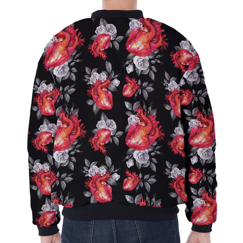 Rose And Heart Pattern Print Zip Sleeve Bomber Jacket