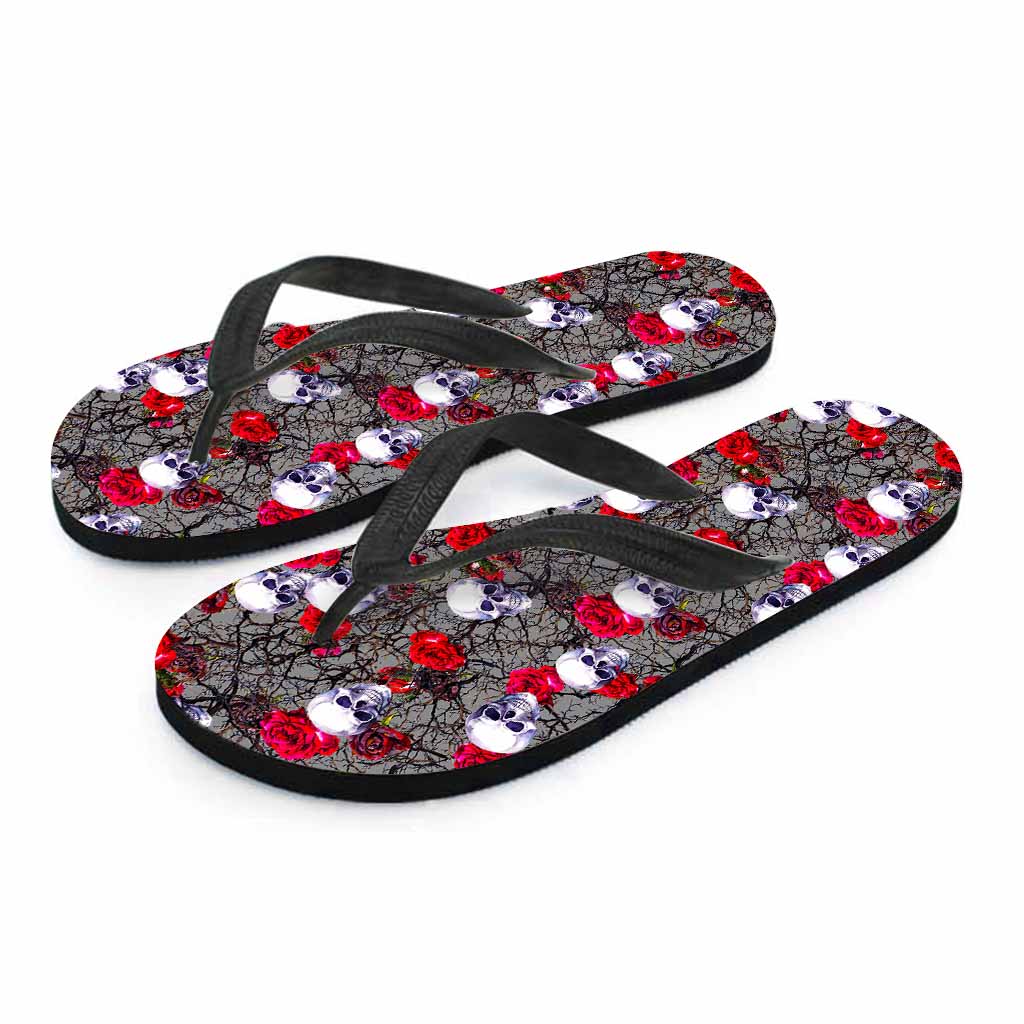 Rose Branch Skull Pattern Print Flip Flops