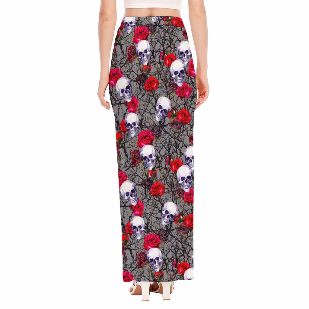 Rose Branch Skull Pattern Print High Slit Maxi Skirt