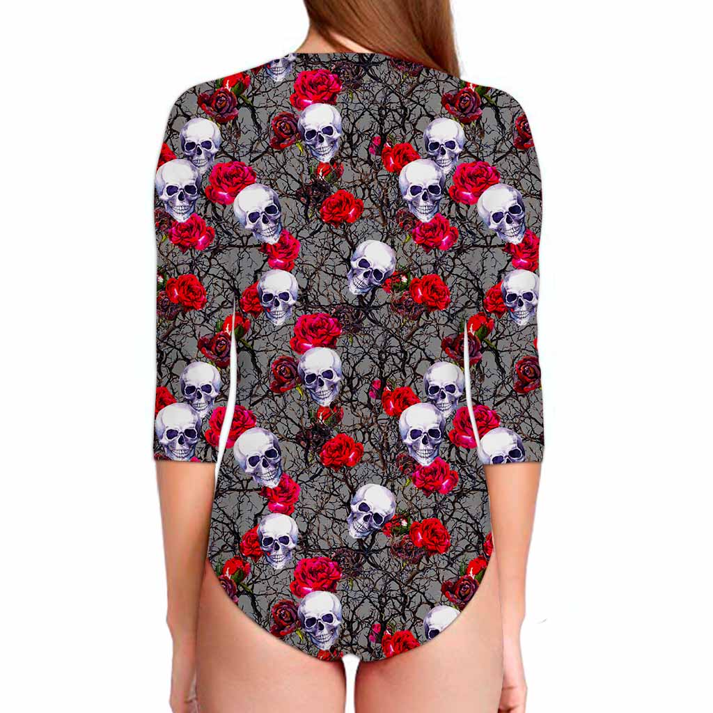 Rose Branch Skull Pattern Print Long Sleeve Swimsuit
