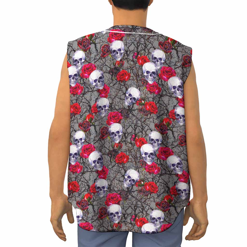 Rose Branch Skull Pattern Print Sleeveless Baseball Jersey