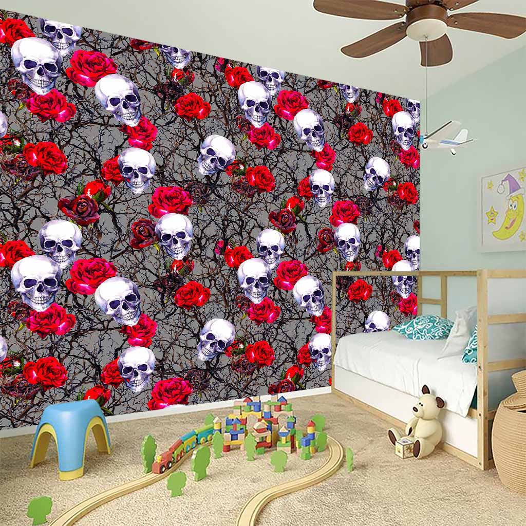 Rose Branch Skull Pattern Print Wall Sticker