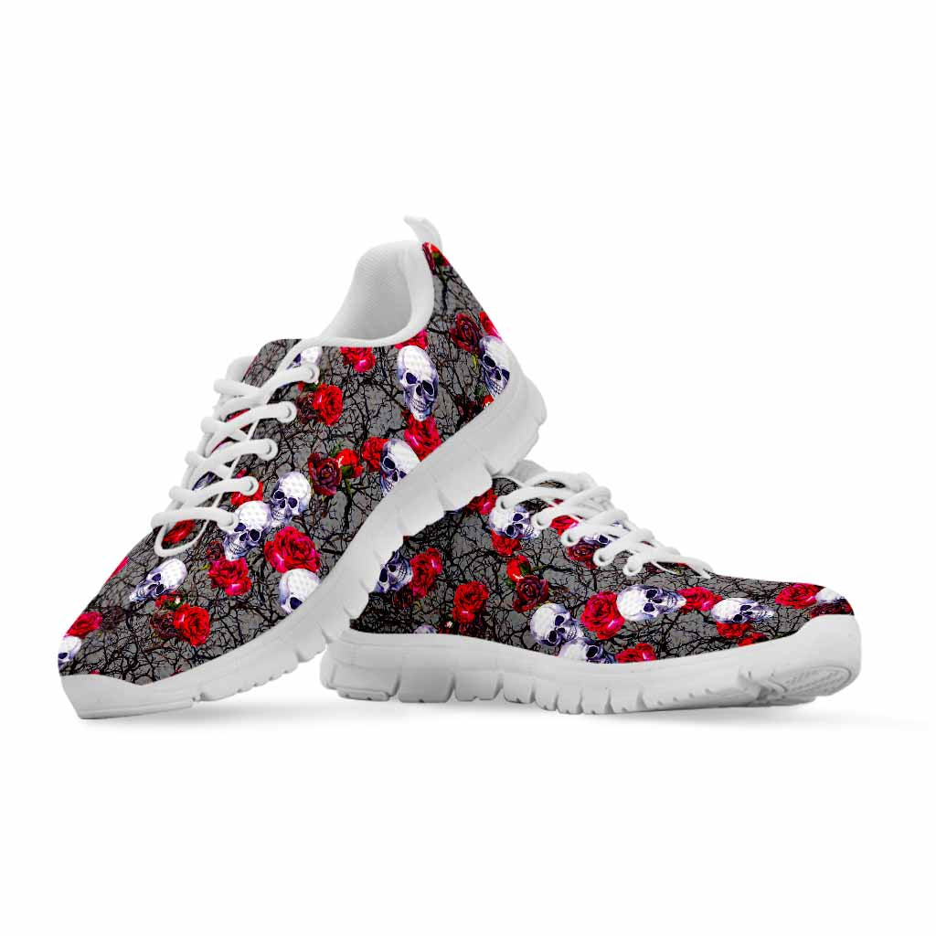 Rose Branch Skull Pattern Print White Running Shoes