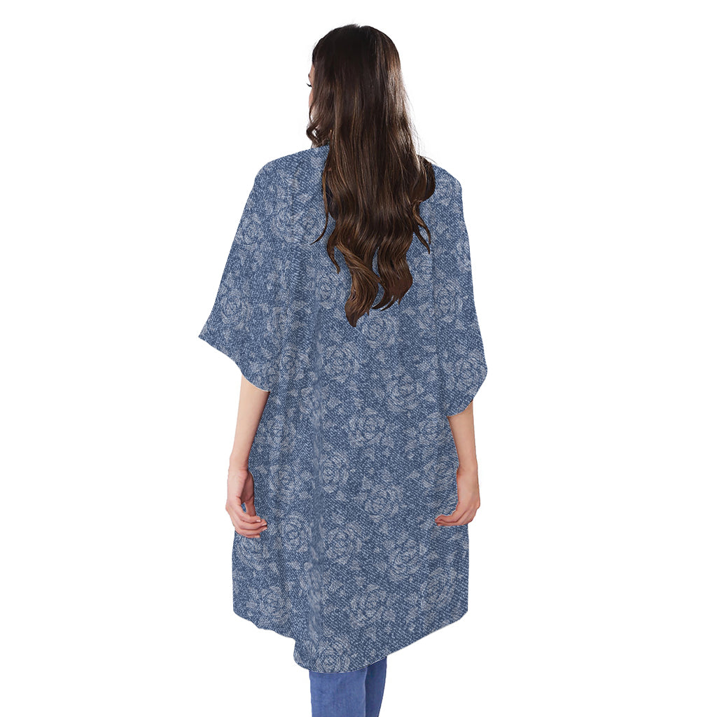 Rose Denim Jeans Pattern Print Open Front Beach Cover Up