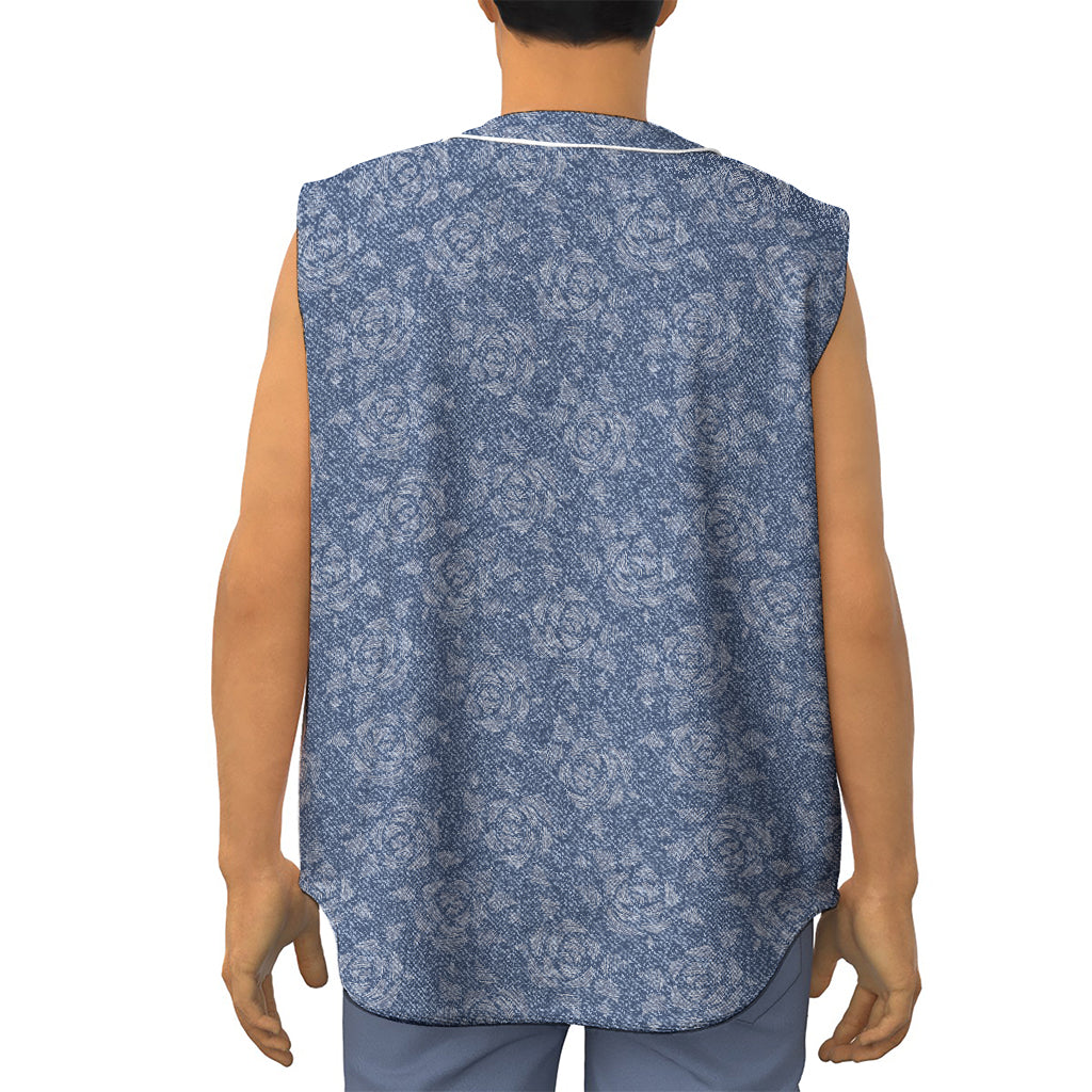Rose Denim Jeans Pattern Print Sleeveless Baseball Jersey