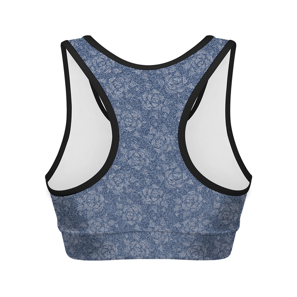Rose Denim Jeans Pattern Print Women's Sports Bra