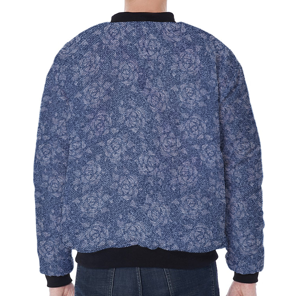 Rose Denim Jeans Pattern Print Zip Sleeve Bomber Jacket